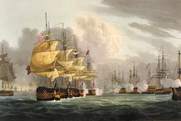 La destrucción de la flota danesa frente a Copenhague, 2 de abril de 1801, grabado por Bailey para 